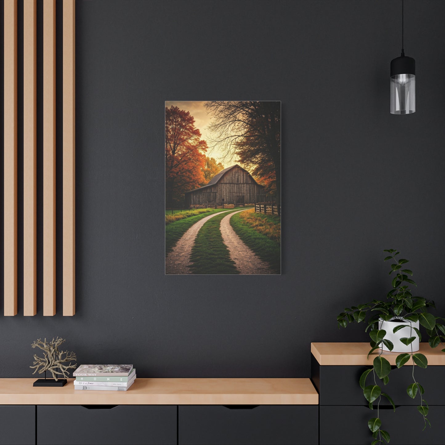 Autumn Barn Road at Golden Hour Wall Art & Canvas Prints