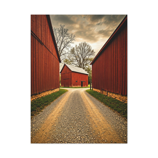 Country Lane Between Red Barns Wall Art & Canvas Prints
