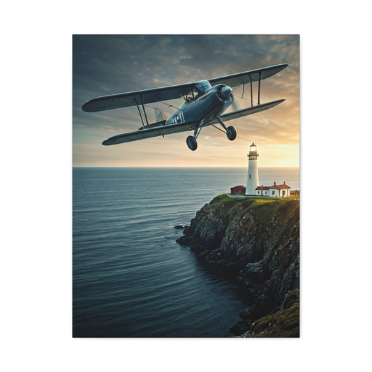Coastal Biplane Over Lighthouse Horizon Wall Art & Canvas Prints