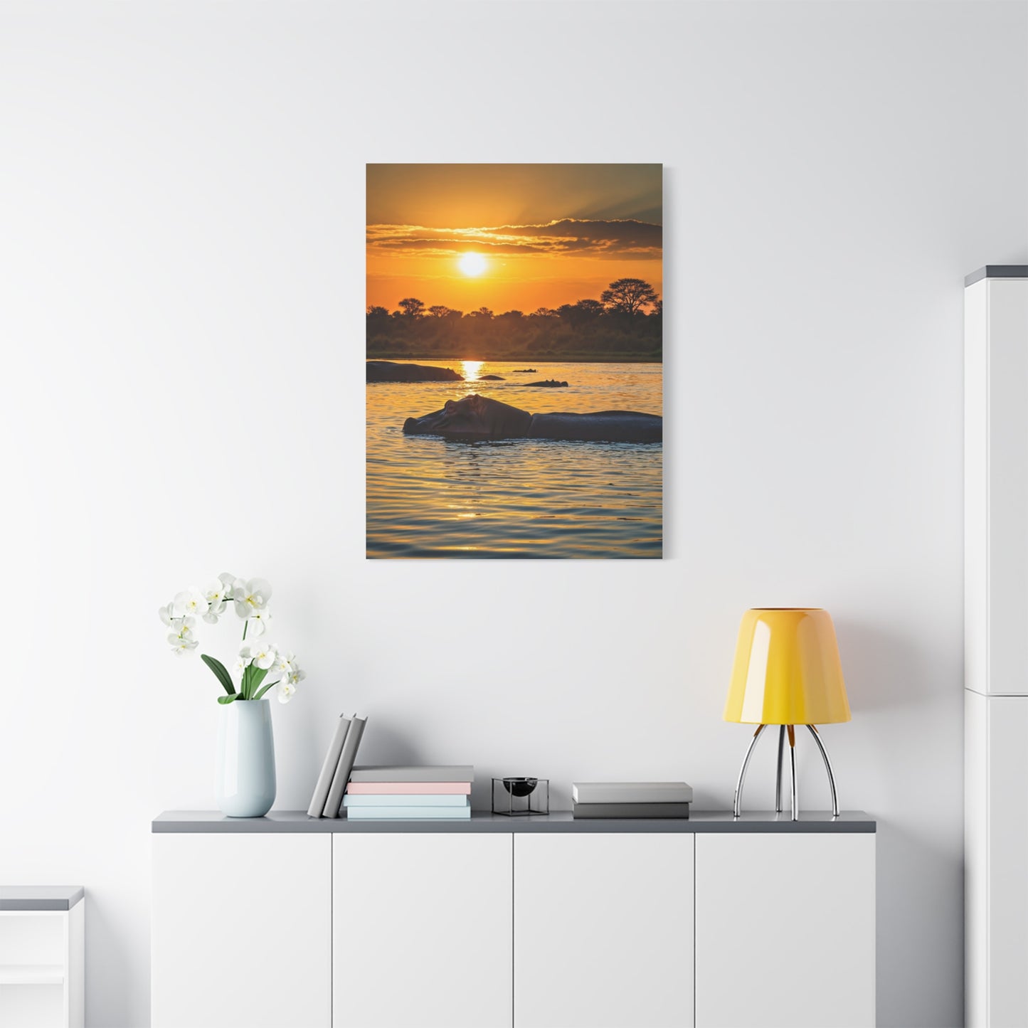 Hippo Resting at Sunset Waters Wall Art & Canvas Prints