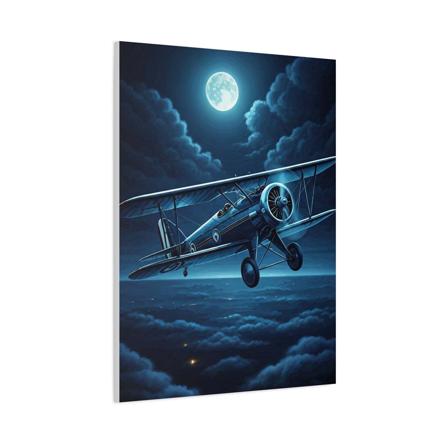 Moonlit Midnight Flight Biplane Wall Art & Canvas Prints