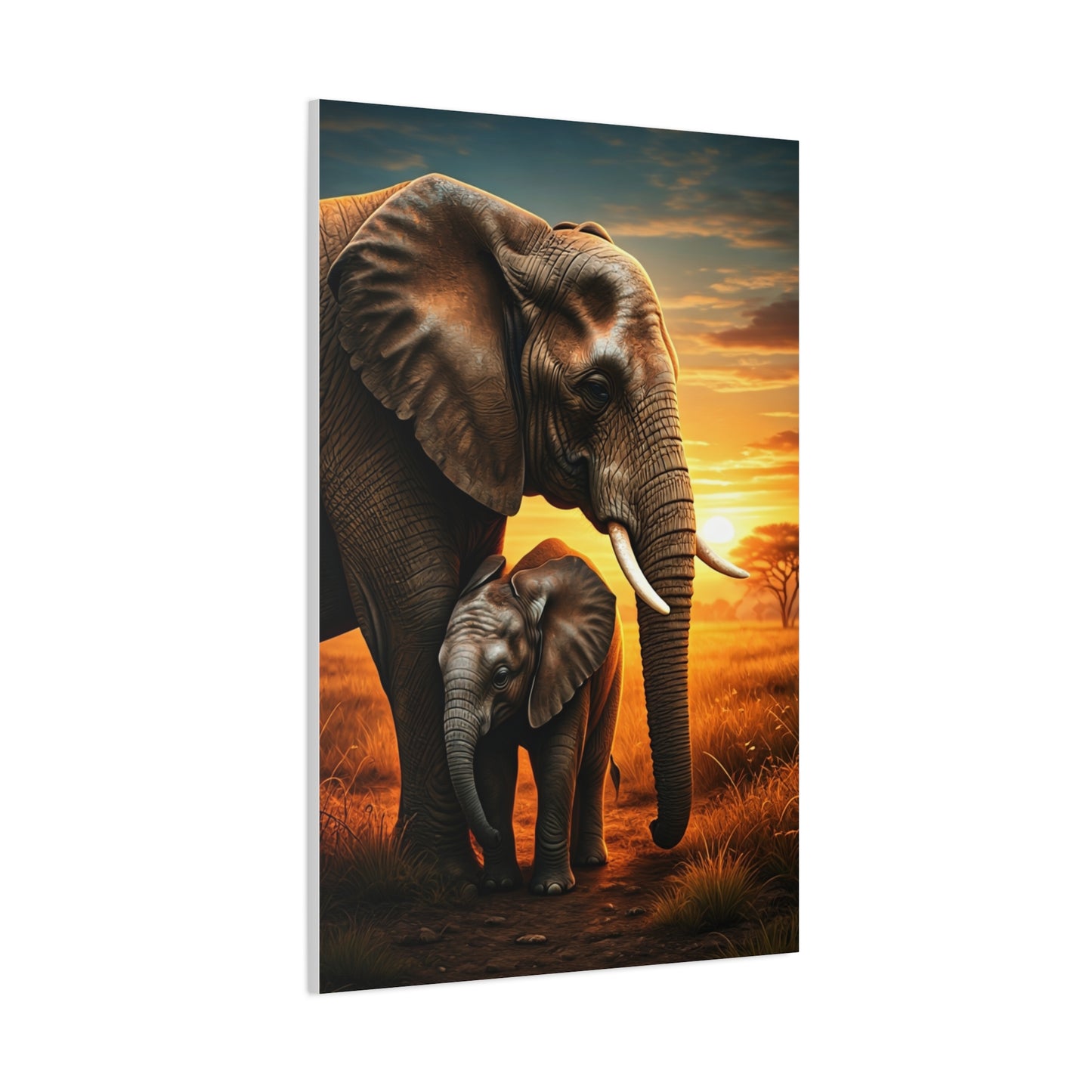 Elephant Mother and Calf at Sunset Wall Art & Canvas Prints