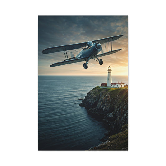 Coastal Biplane Over Lighthouse Horizon Wall Art & Canvas Prints