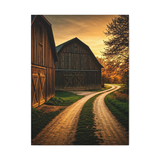 Country Road Between Rustic Barns at Golden Hour Wall Art & Canvas Prints