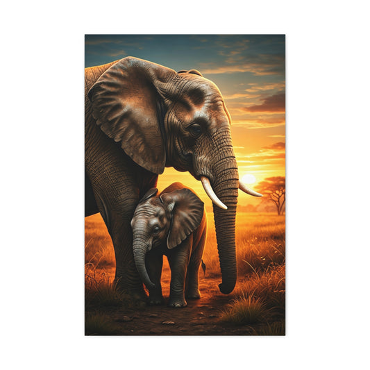 Elephant Mother and Calf at Sunset Wall Art & Canvas Prints