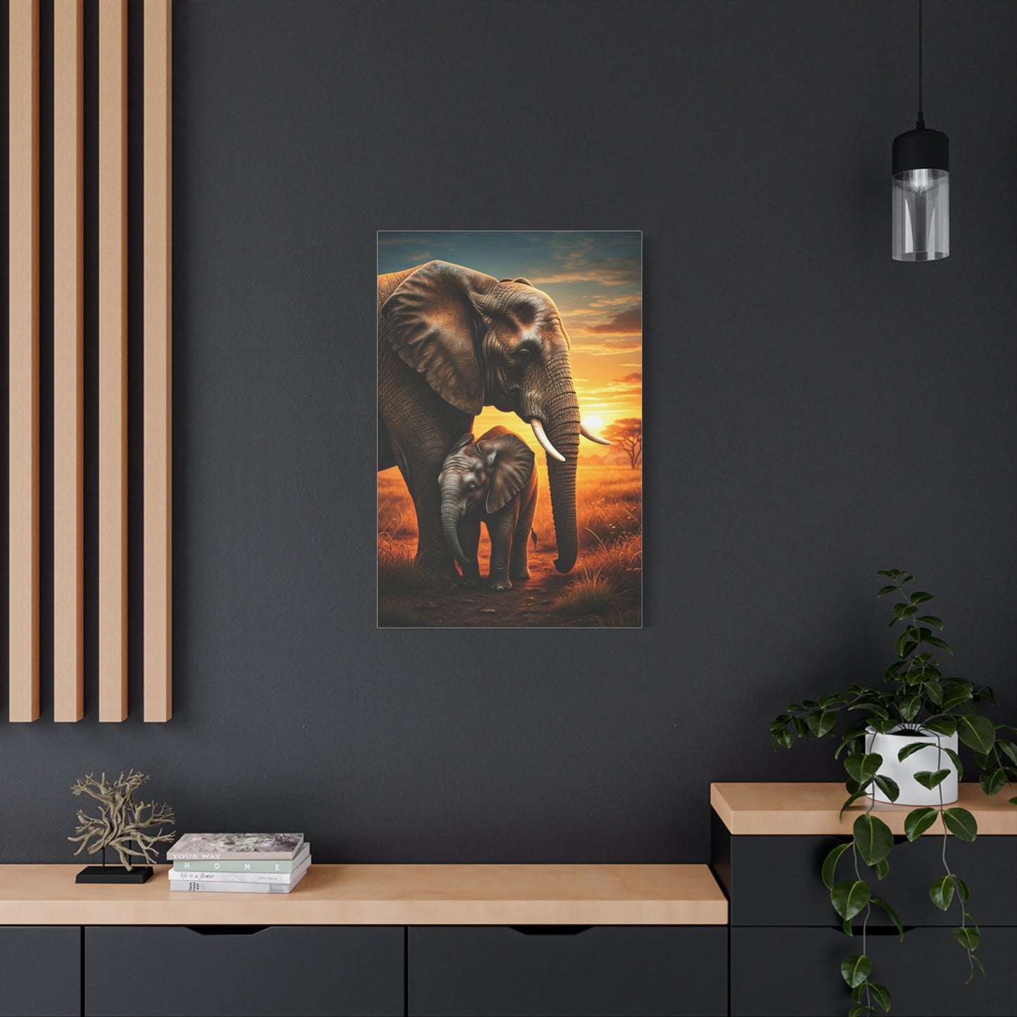 Elephant Mother and Calf at Sunset Wall Art & Canvas Prints