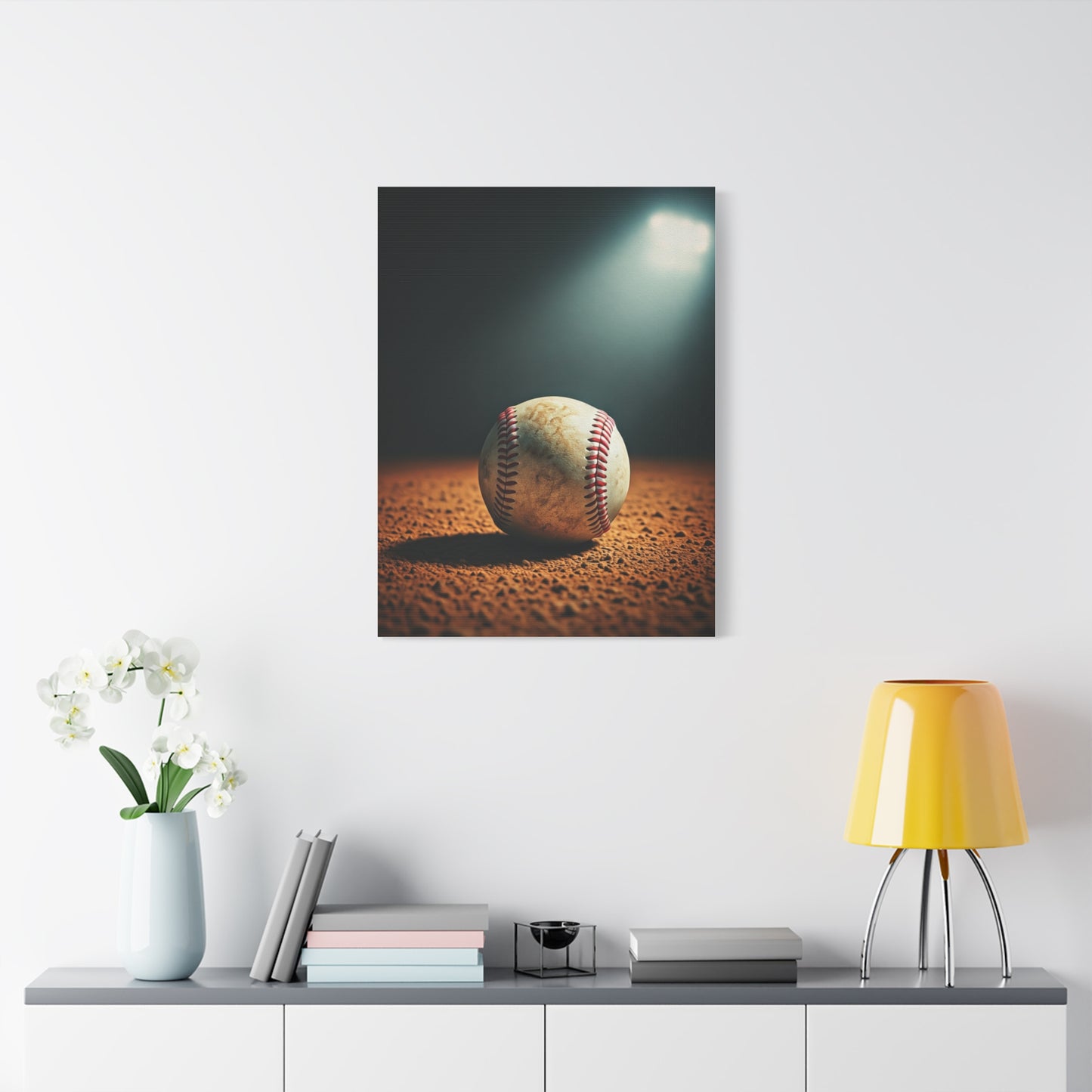 Baseball on Dirt Field Under Stadium Light Wall Art & Canvas Prints