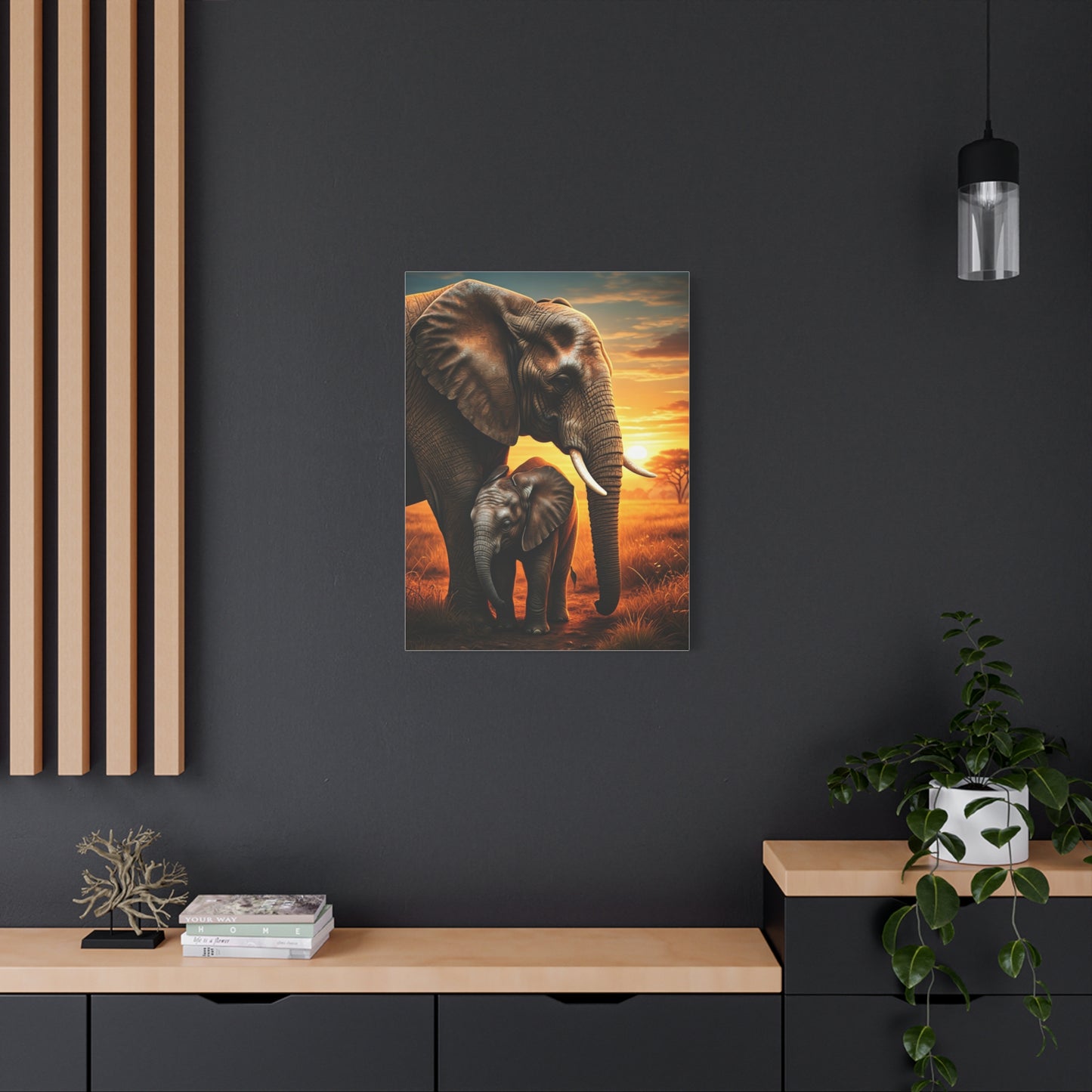 Elephant Mother and Calf at Sunset Wall Art & Canvas Prints