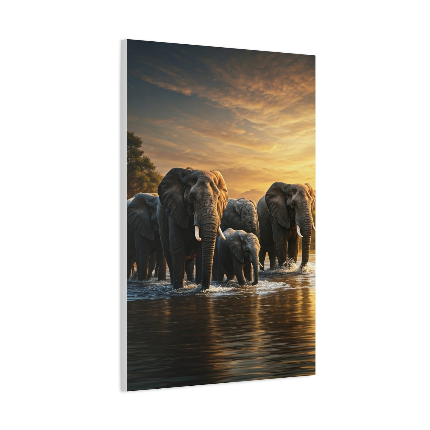 Elephant Family Crossing at Golden Dawn Wall Art & Canvas Prints