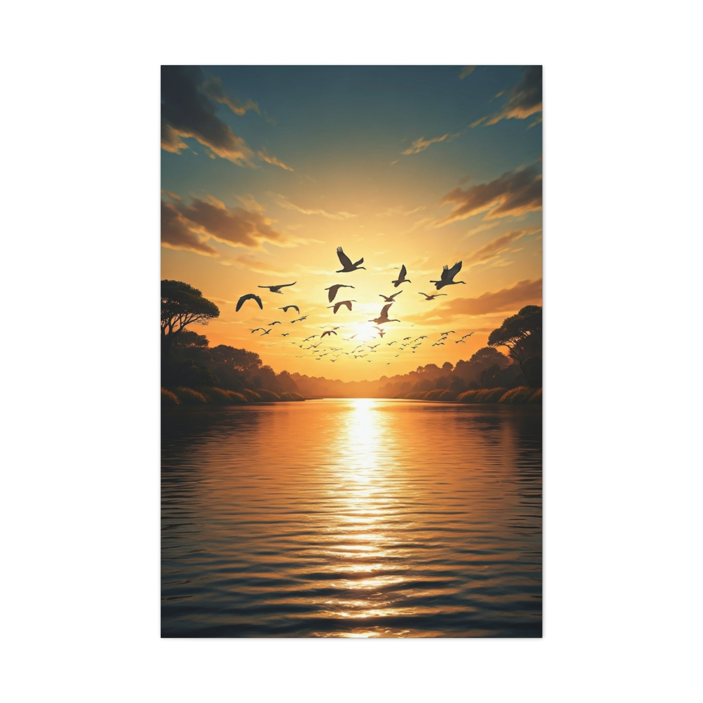 Birds in Flight Over Radiant Ocean Sunset Wall Art & Canvas Prints