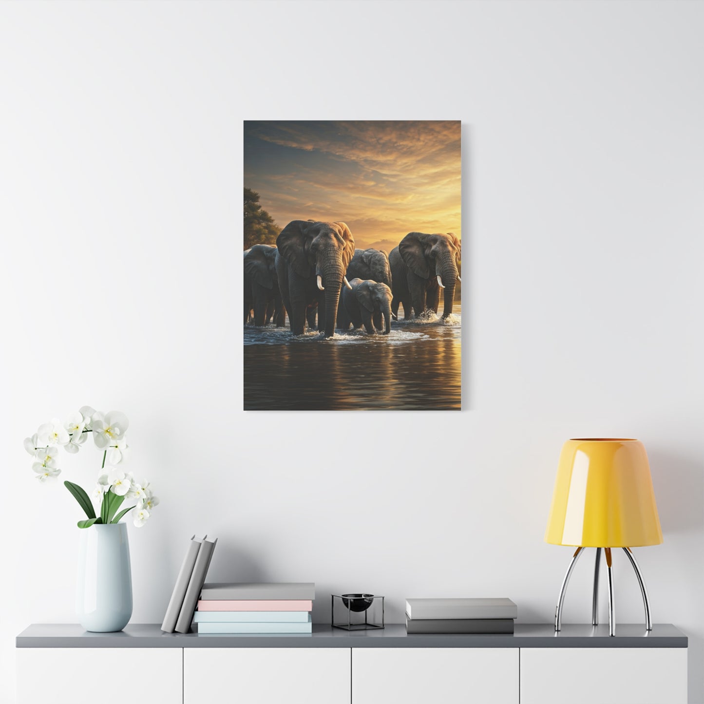 Elephant Family Crossing at Golden Dawn Wall Art & Canvas Prints