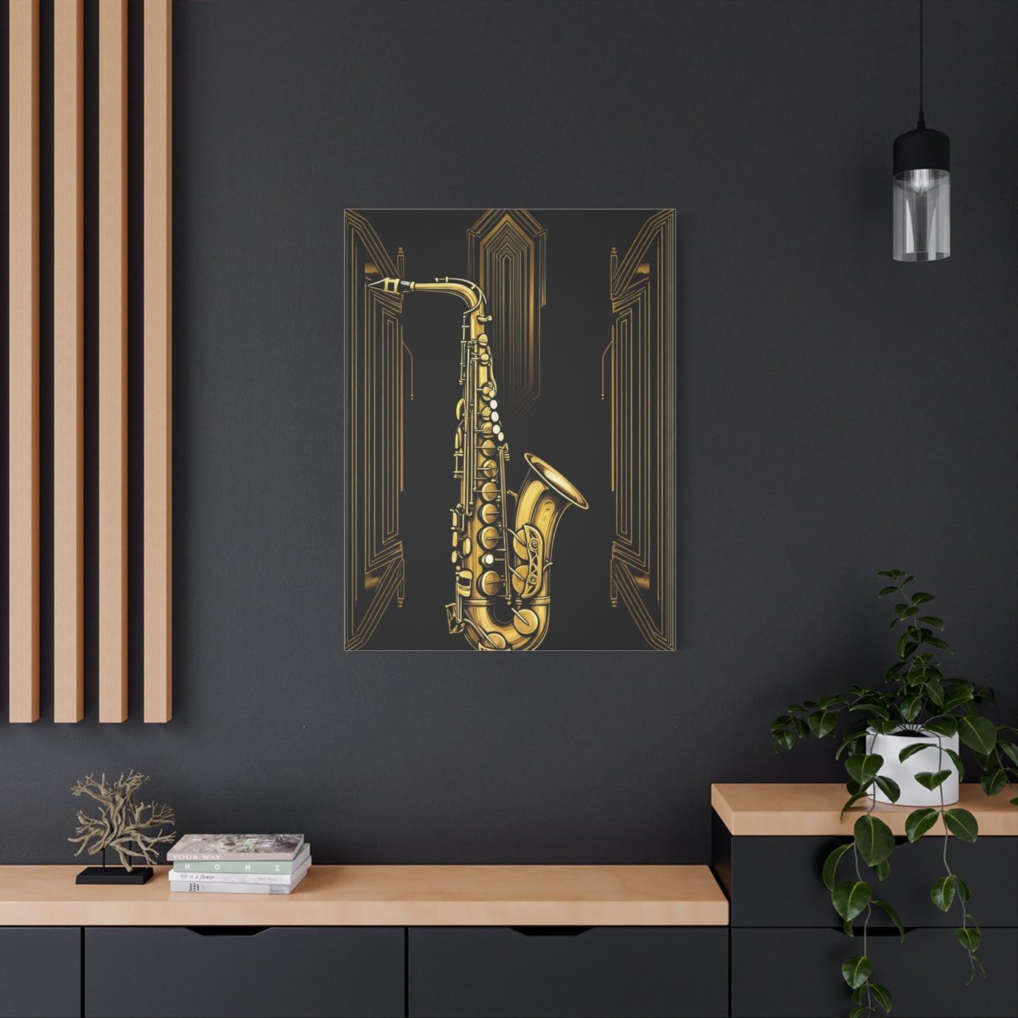 Golden Jazz Saxophone Art Deco Wall Art & Canvas Prints