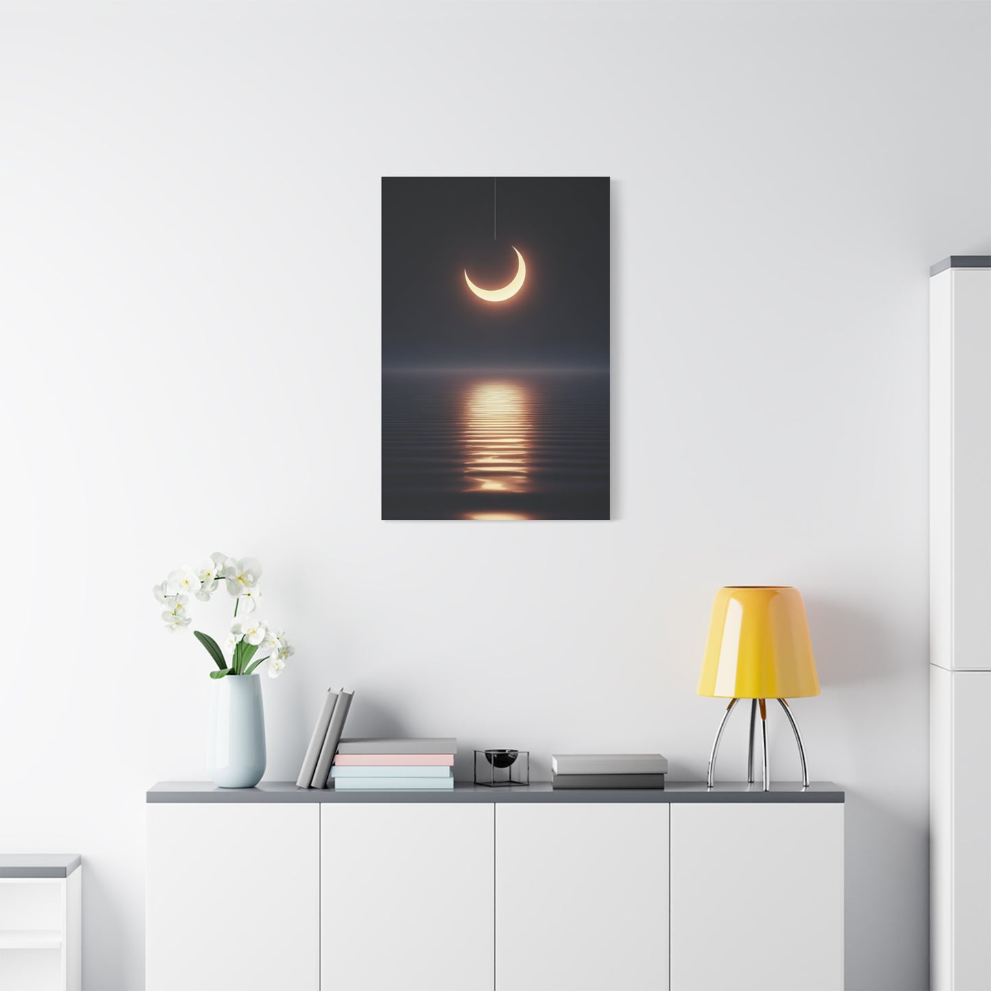 Crescent Moon Reflection Over Calm Water Wall Art & Canvas Prints