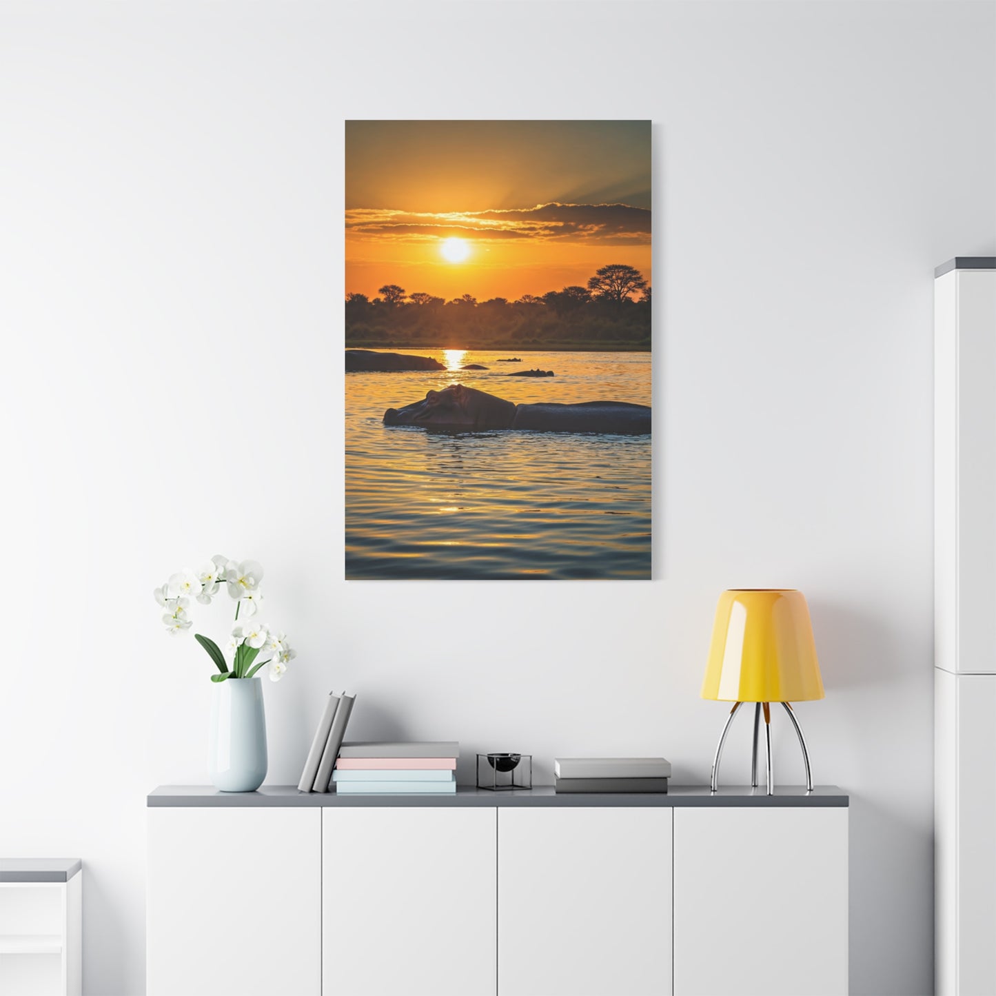 Hippo Resting at Sunset Waters Wall Art & Canvas Prints