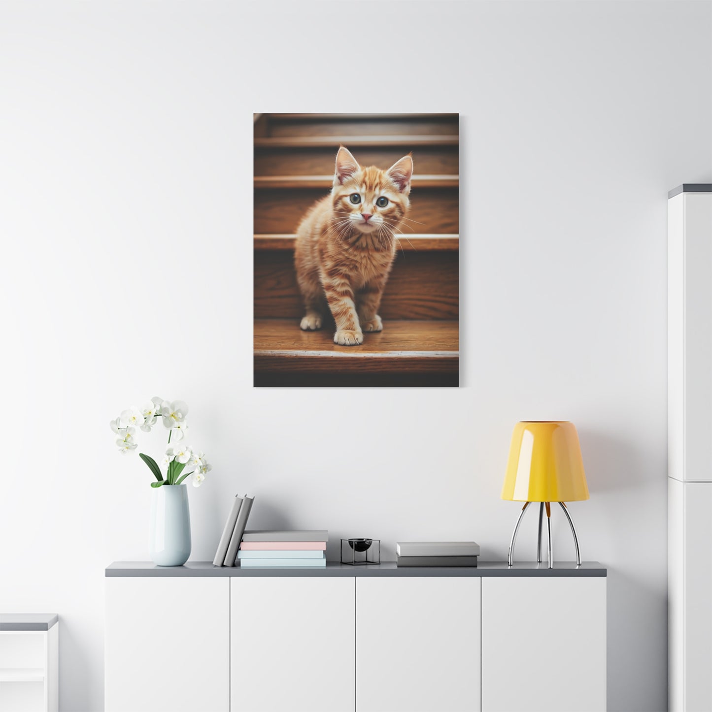 Curious Kitten on Wooden Steps Wall Art & Canvas Prints