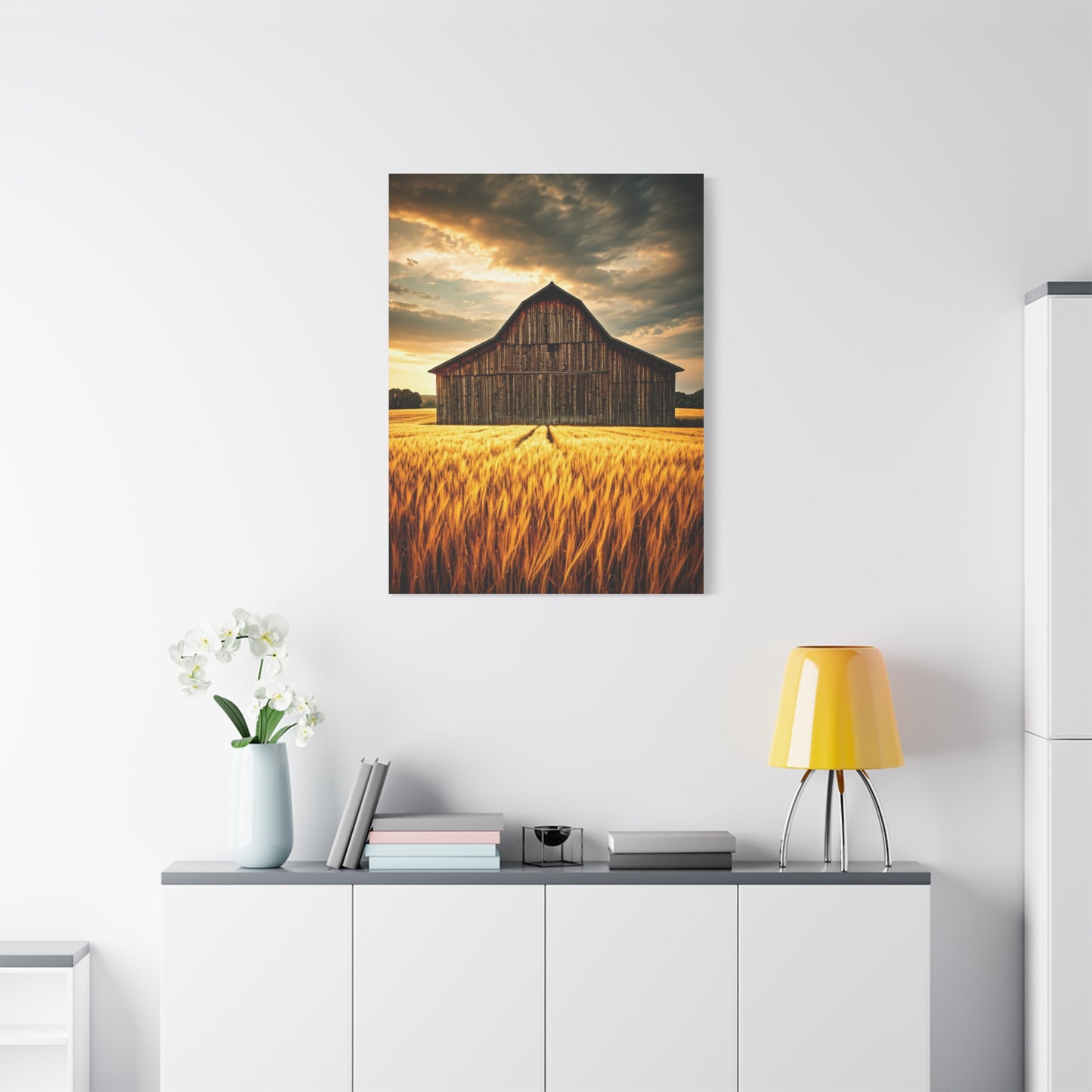 Golden Wheatfield Barn at Sunset Wall Art & Canvas Prints