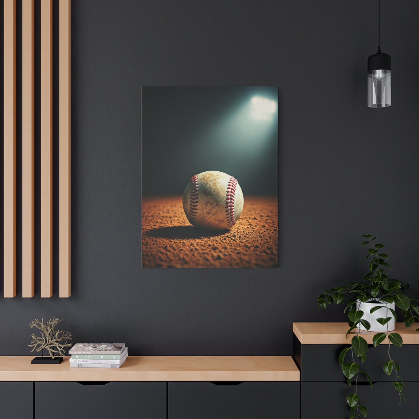 Baseball on Dirt Field Under Stadium Light Wall Art & Canvas Prints