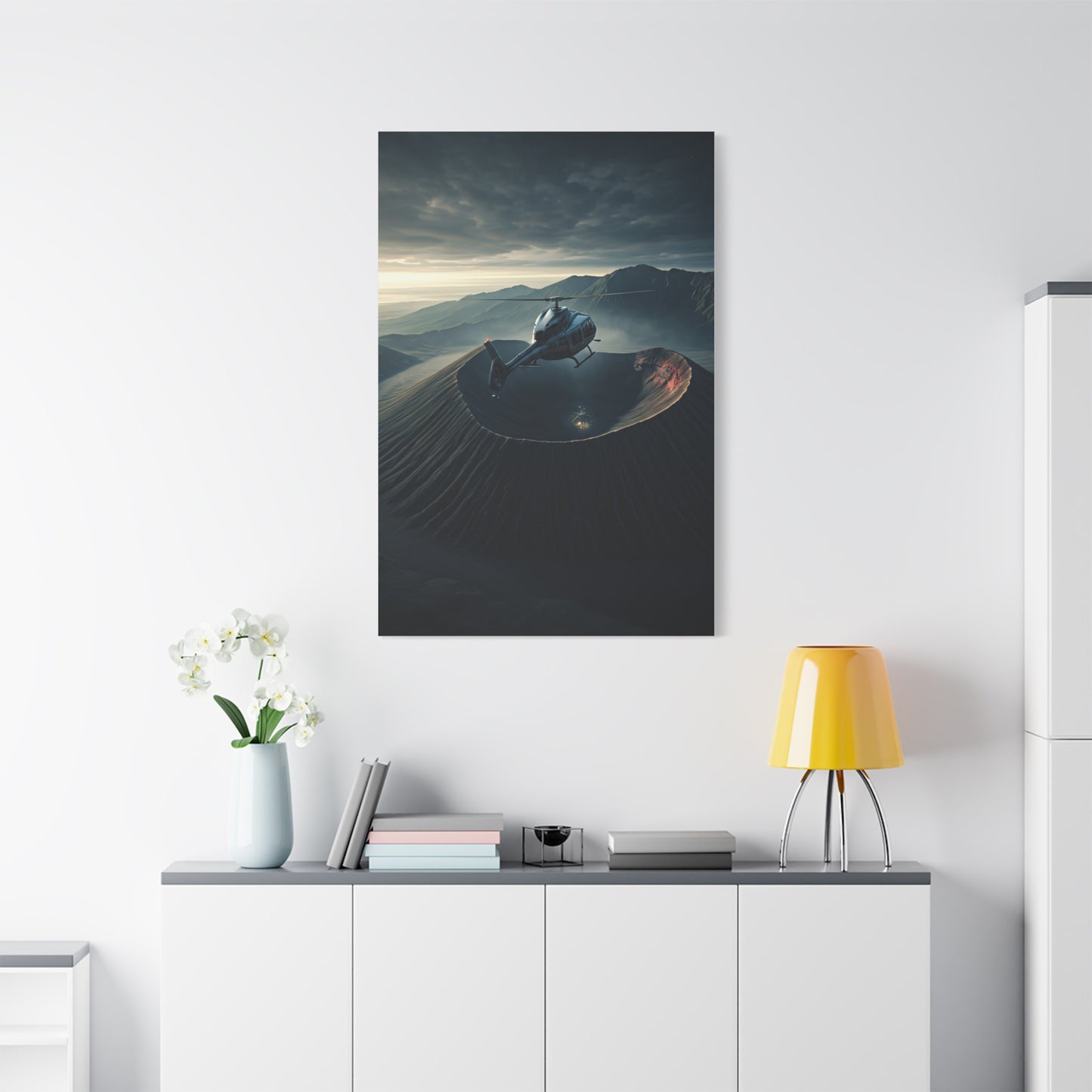 Helicopter Over Volcano Crater Wall Art & Canvas Prints