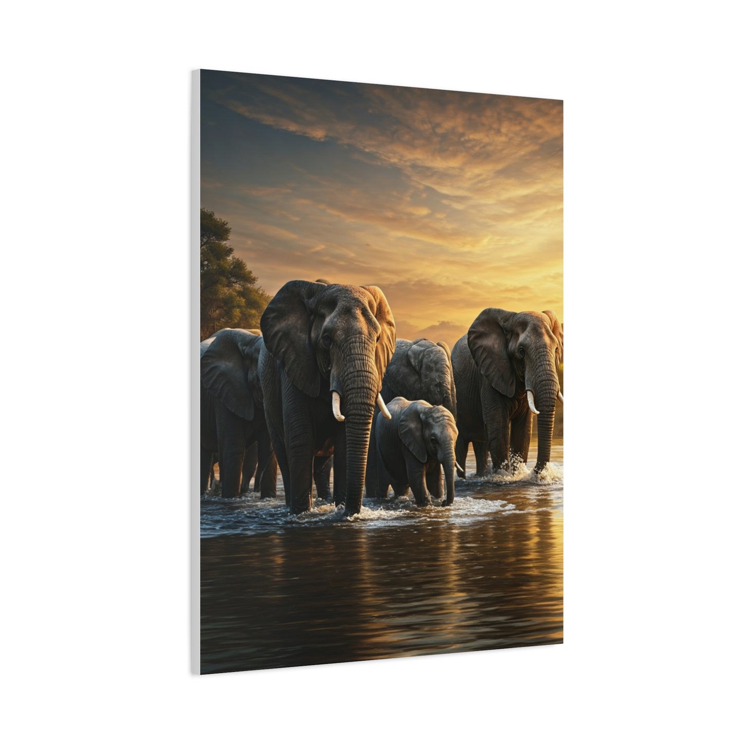 Elephant Family Crossing at Golden Dawn Wall Art & Canvas Prints