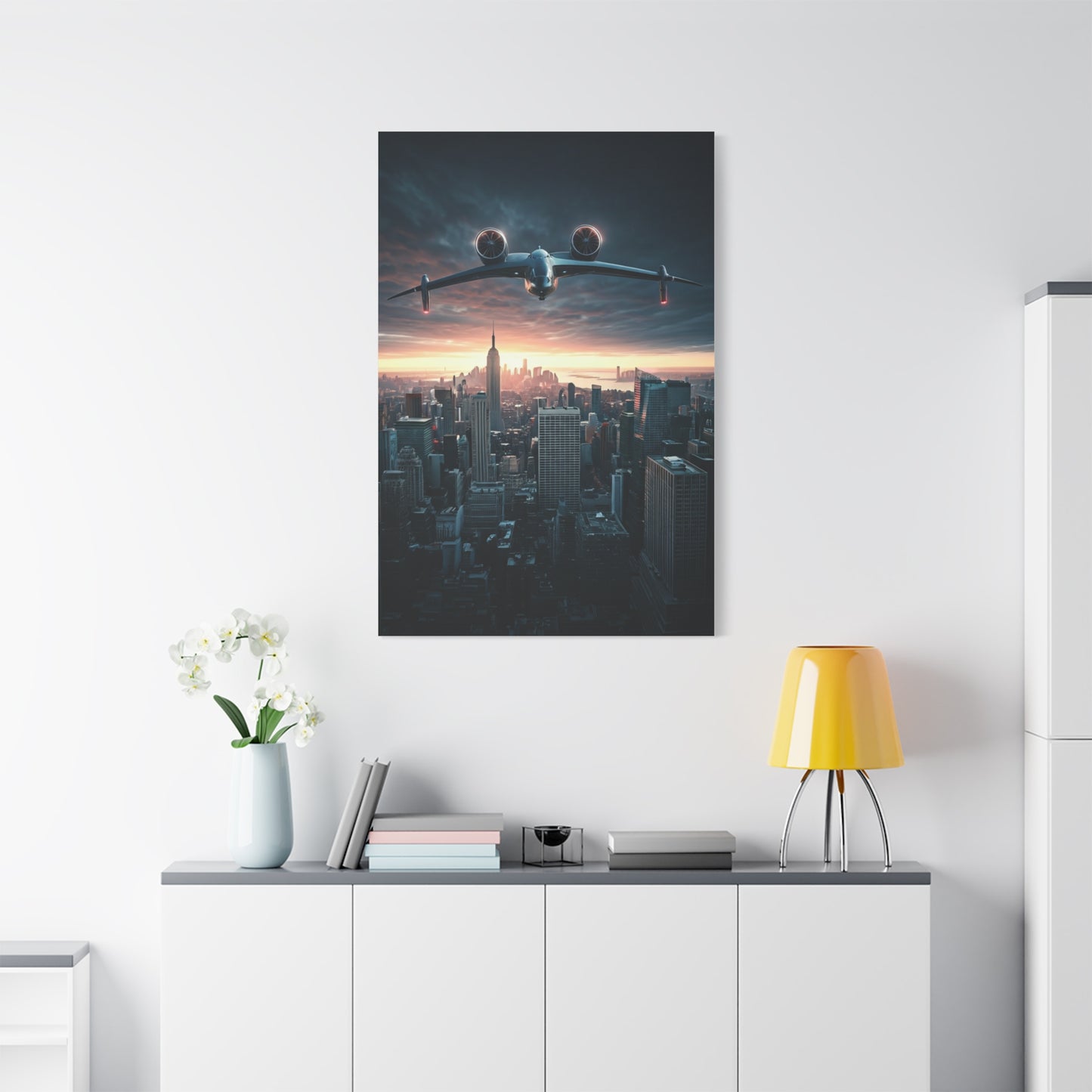 Futuristic Jet Over City Skyline Wall Art & Canvas Prints