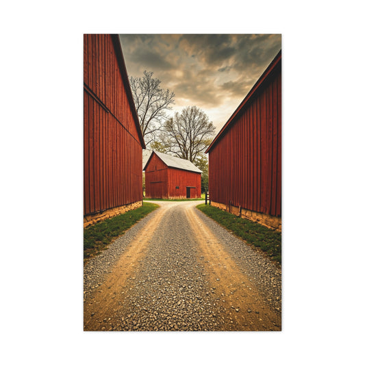 Country Lane Between Red Barns Wall Art & Canvas Prints