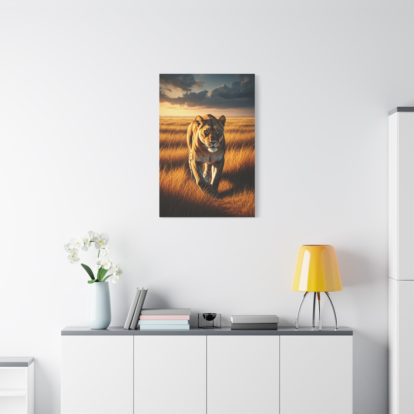 Majestic Lion Walking Through Savannah Grass Wall Art & Canvas Prints