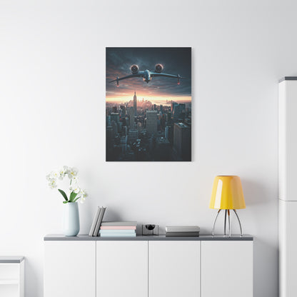 Futuristic Jet Over City Skyline Wall Art & Canvas Prints