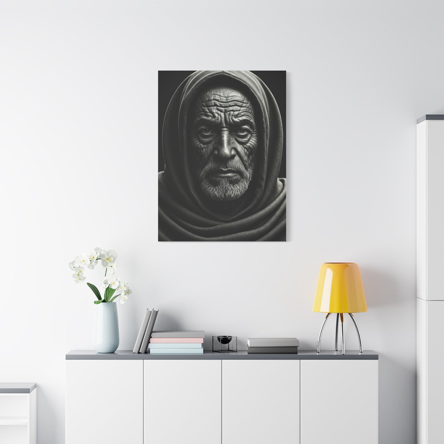 Hooded Elder with Timeless Expression Wall Art & Canvas Prints