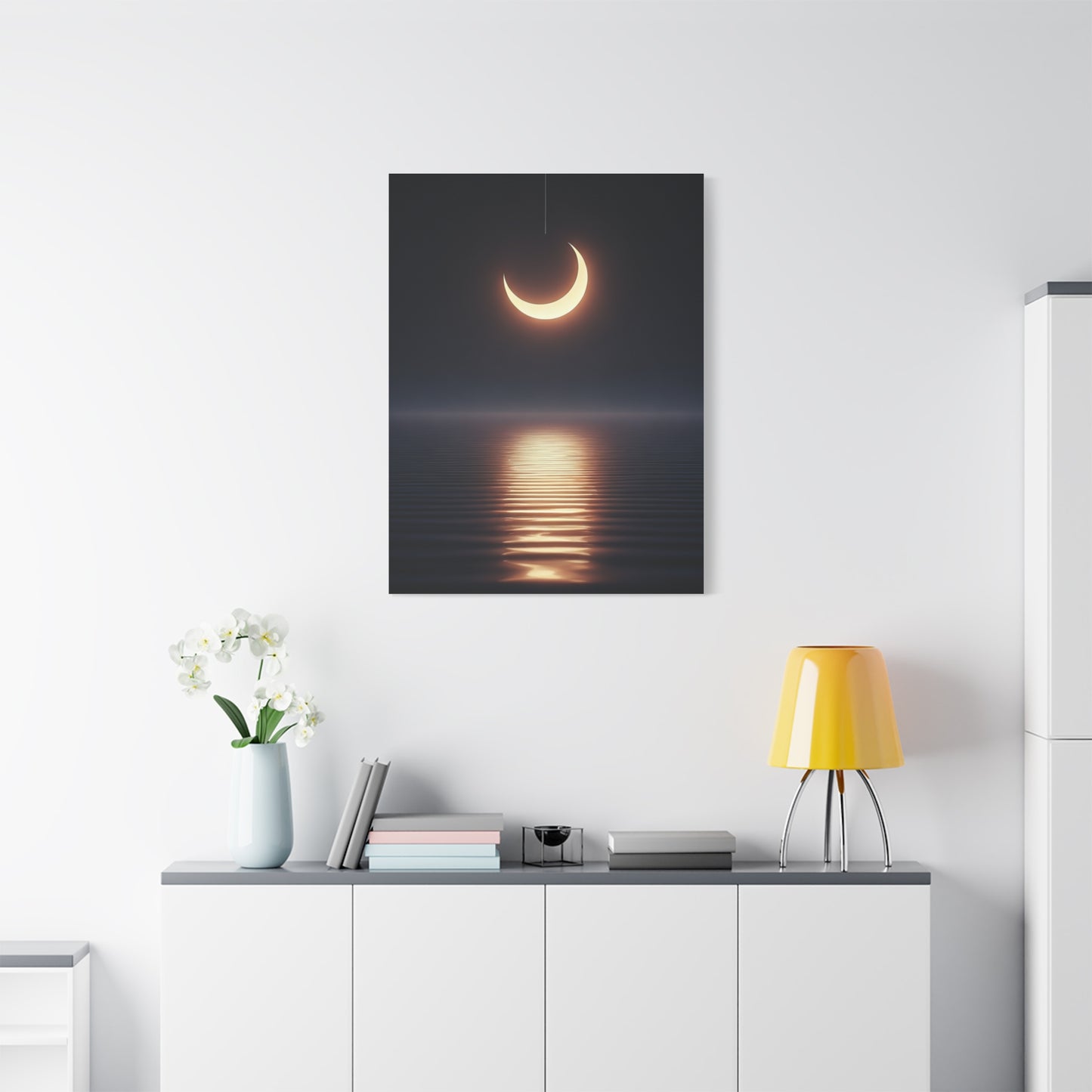 Crescent Moon Reflection Over Calm Water Wall Art & Canvas Prints