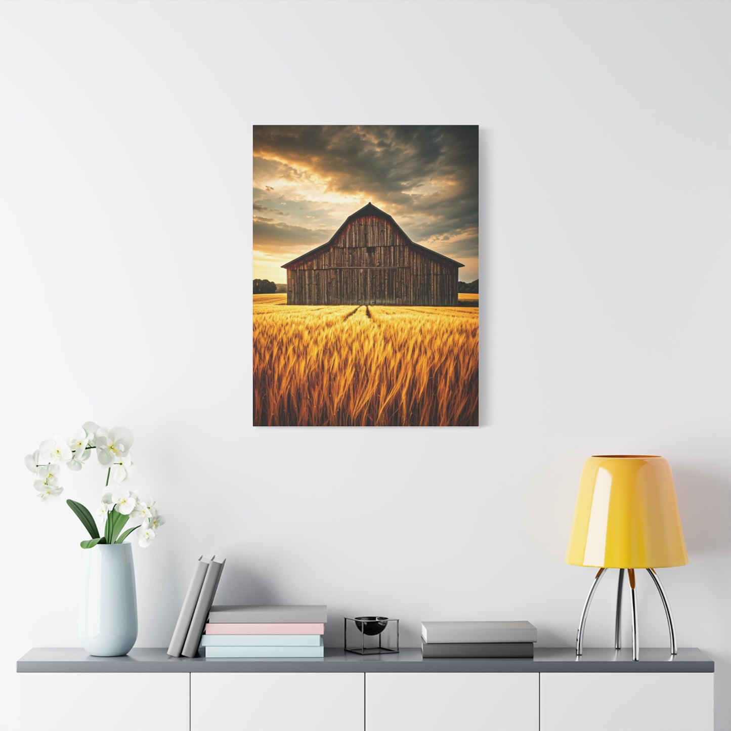 Golden Wheatfield Barn at Sunset Wall Art & Canvas Prints
