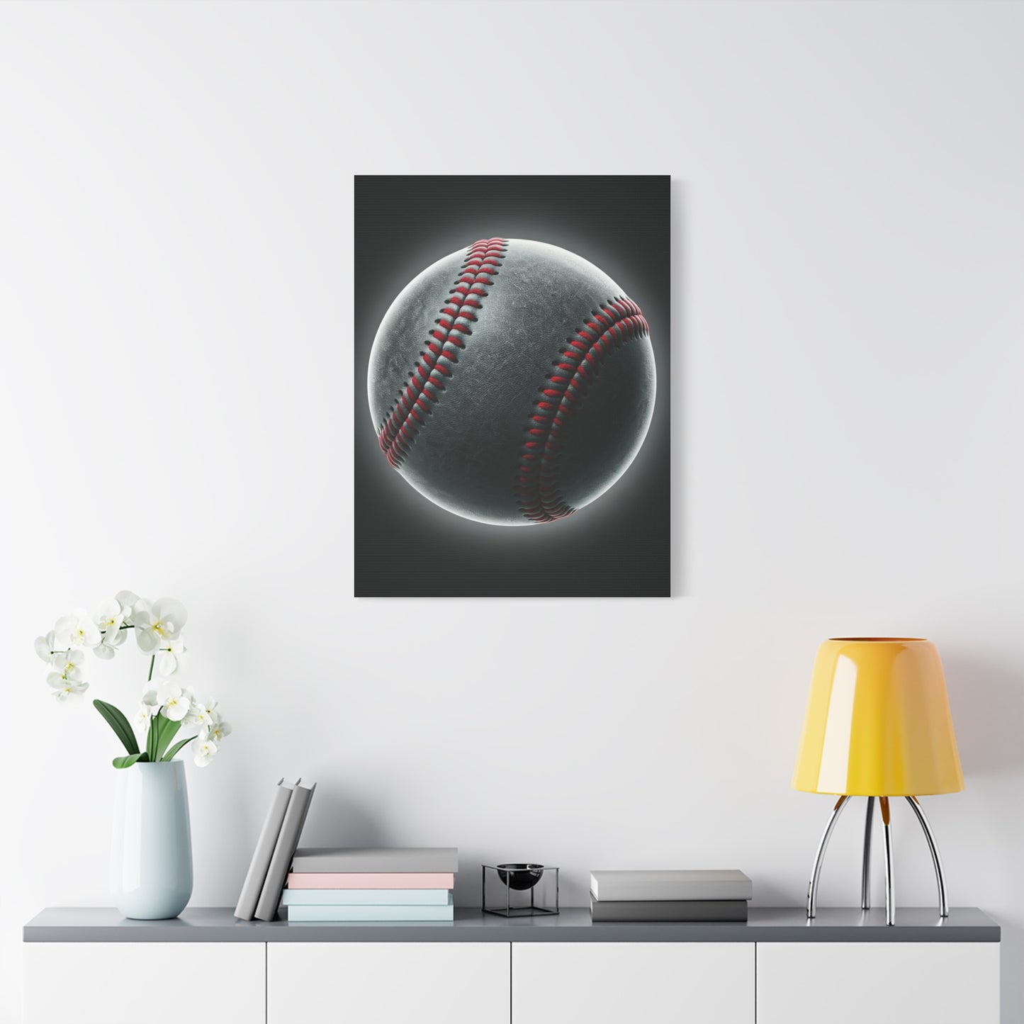 Glowing Baseball Stitch Close-Up Wall Art & Canvas Prints