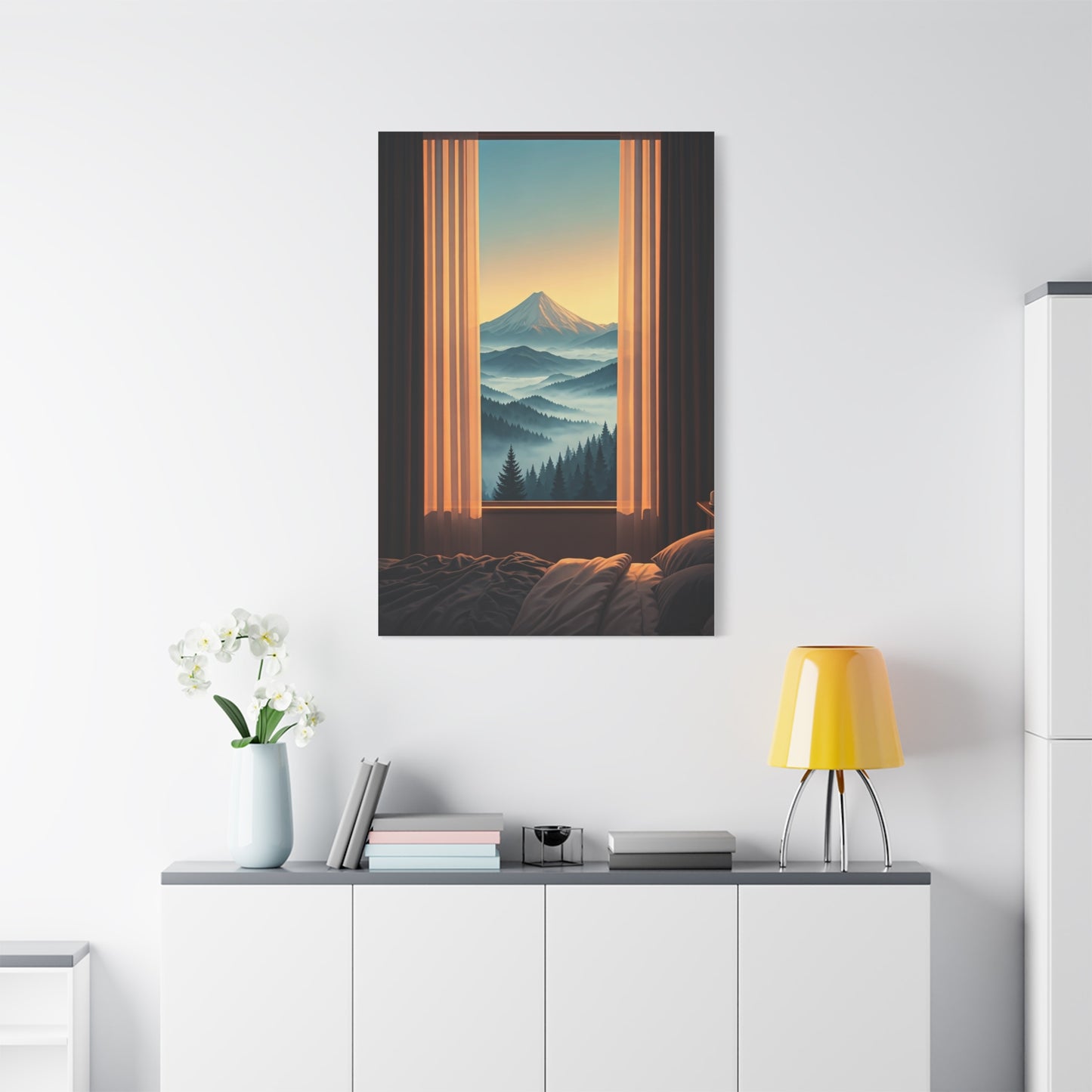 Mountain View Through Window Tranquil Interior Wall Art & Canvas Prints